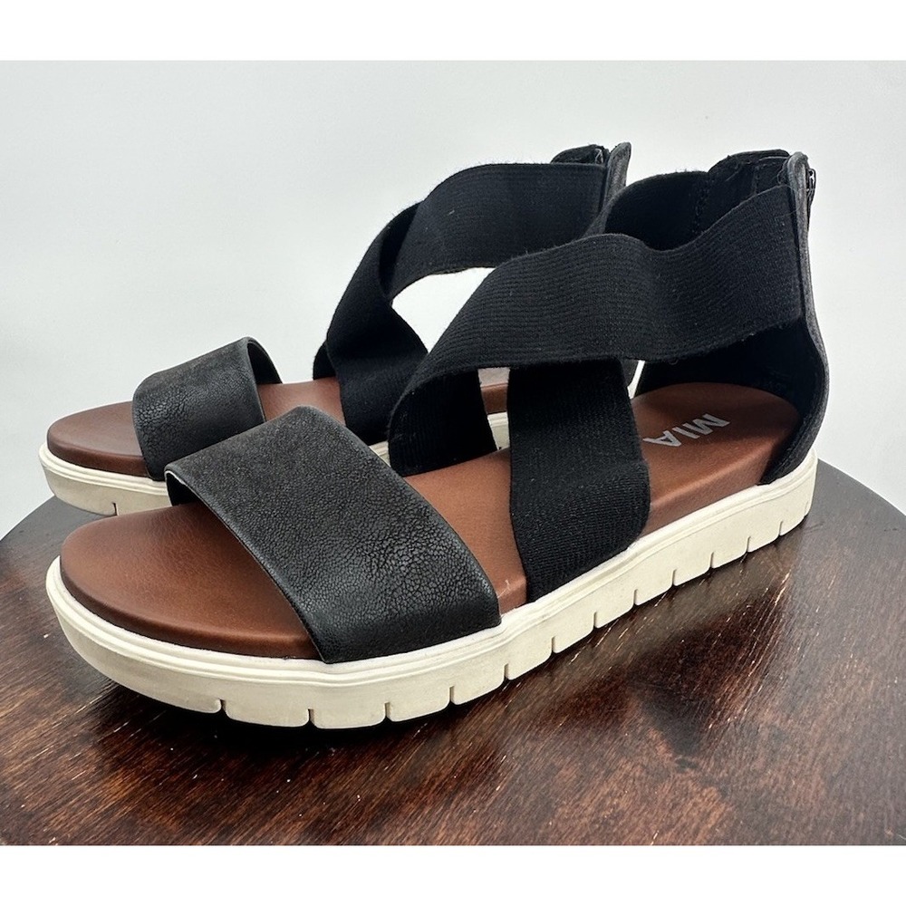 Mia Sandals Womens 8 Kattia Strappy Black Casual Comfort Open Toe Back Zipper